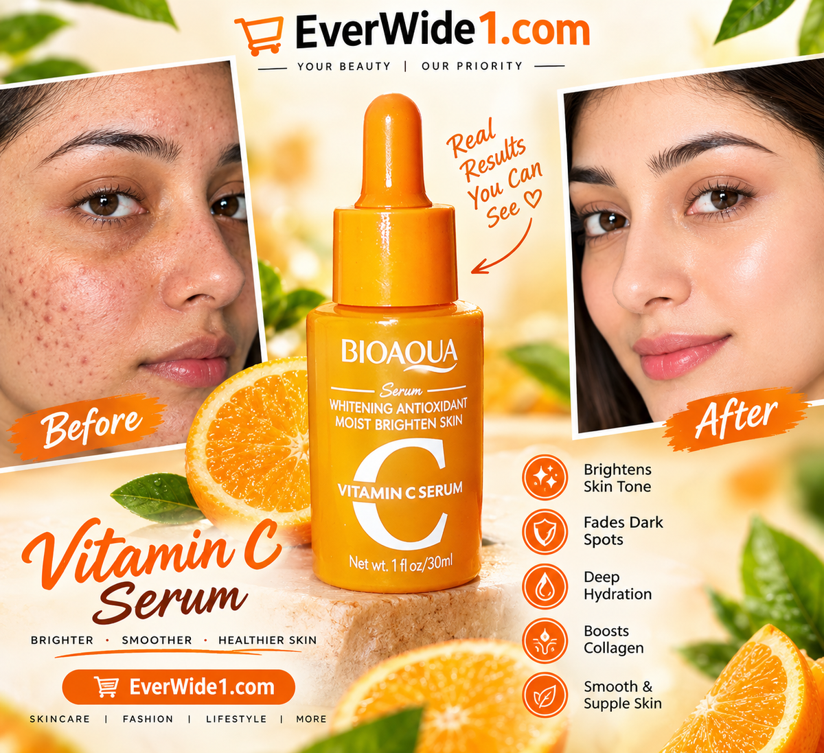 BIOAQUA Vitamin C Whitening Antioxidant Serum 30ml | Brightening & Hydrating Face Serum